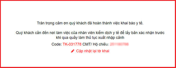 Thông báo sau khi hoàn thành khai báo sức khỏe