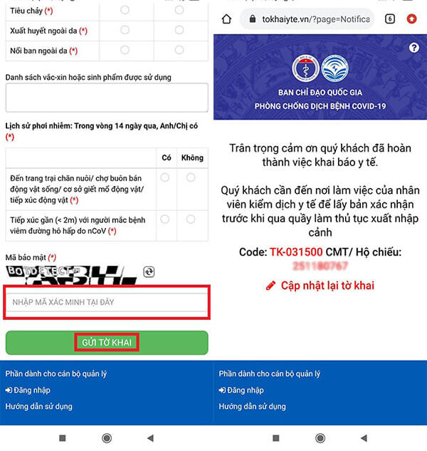 Nhập mã xác thực và gửi tờ khai