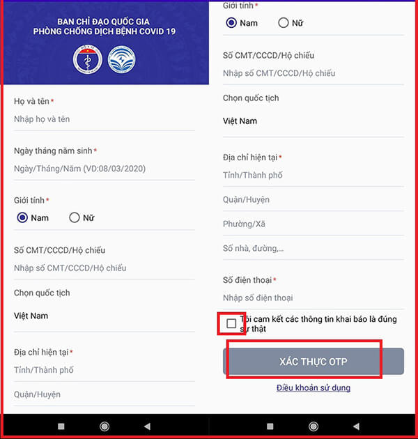 Nhập thông tin và chọn Xác nhận OTP