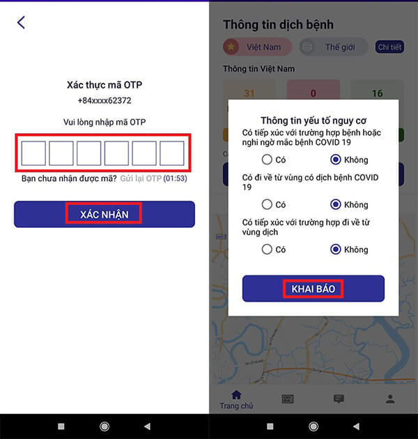Nhập mã OTP và khai báo yếu tố nguy cơ