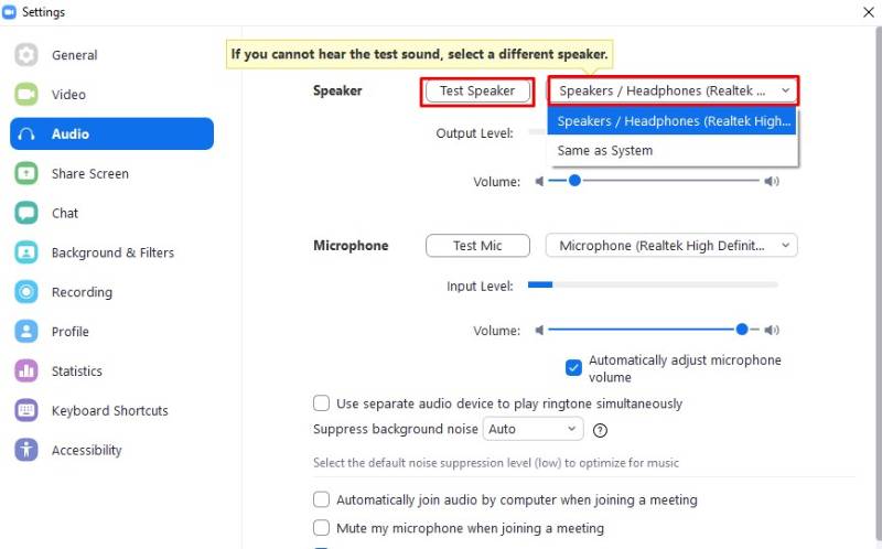 Khắc phục lỗi Zoom trên máy tính bằng cách nhấn "Audio" và "Test Speaker" trên từng thiết bị