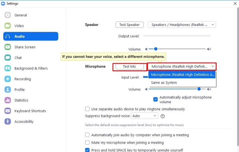 Khắc phục lỗi Zoom trên máy tính bằng cách nhấn "Audio" và "Test Mic" đối với từng thiết bị