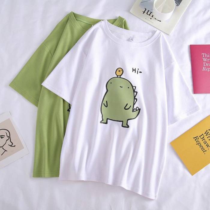 Áo lớp in hình khủng long "mặt ngáo" kute màu xanh - trắng trẻ trung