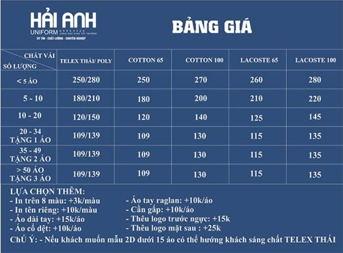 Bảng giá may áo lớp theo chất lượng vải và số lượng áo