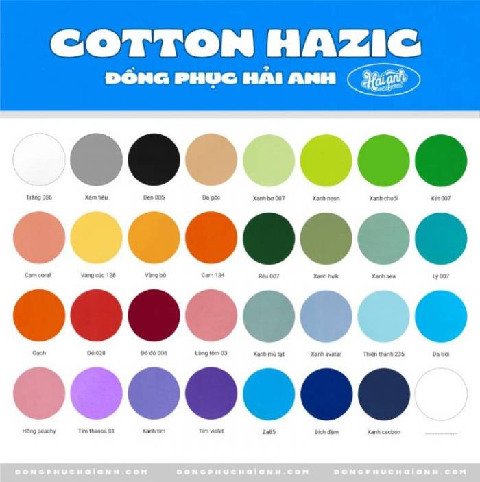 Bảng màu vải áo đồng phục cotton Hazic