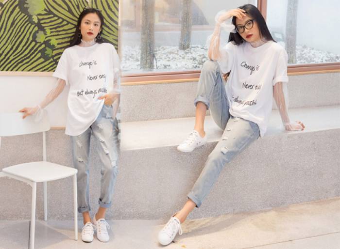 Quần jeans + áo phông, outfit quen thuộc cho nữ sinh cấp 2