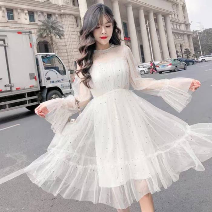 Đầm Prom đi tiệc ren trắng tinh khôi