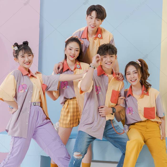 Mẫu Áo Lớp Sơ Mi Funny màu be-tím-cam ấn tượng