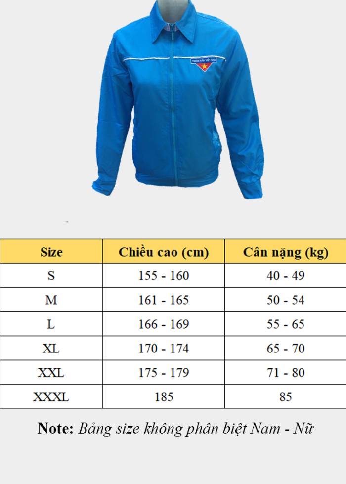 Bảng size áo khoác Đoàn viên chuẩn nhất
