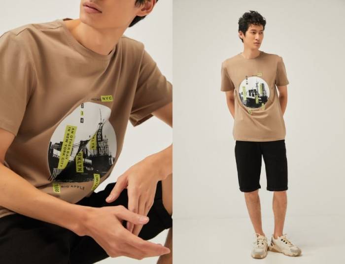 Áo thun màu be phối cùng quần short năng động và mạnh mẽ
