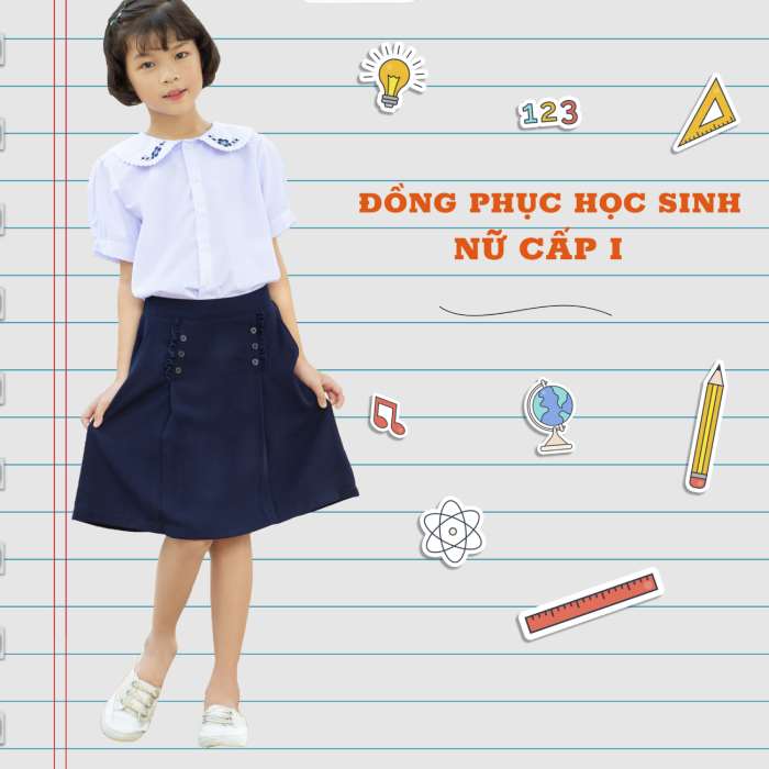 Nữ sinh tiểu học trong trang phục áo sơ mi trắng kết hợp cùng chân váy trơn