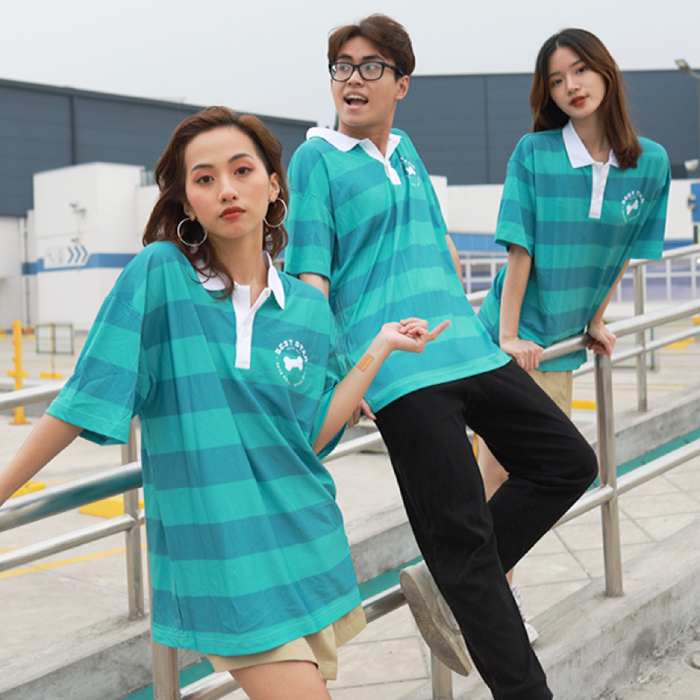 Áo đồng phục lớp có cổ đẹp cổ trắng sọc xanh dương