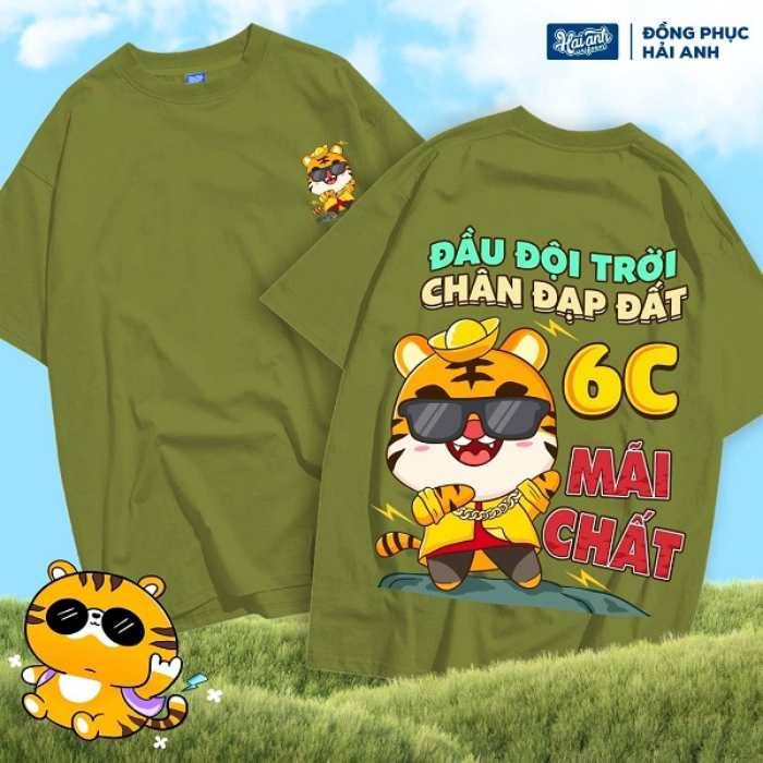 Mẫu áo lớp màu xanh rêu in hình 3D dễ thương