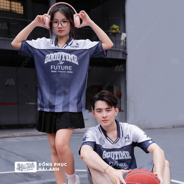 Thiết kế mẫu đồng phục lớp polo họa tiết kẻ xanh đen