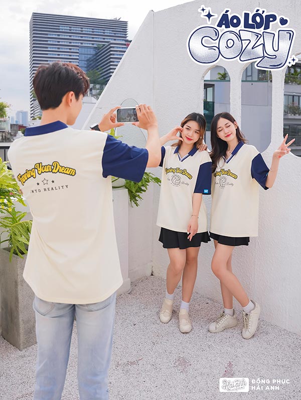 Áo lớp Cozy oversize trắng phối xanh than 