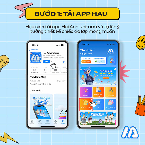 Bạn có thể tải app Hai Anh Uniform để tự tay thiết kế logo lớp A5