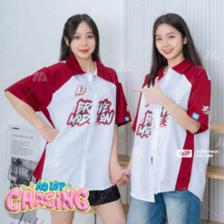 Mẫu Áo Lớp Sơ Mi Oversize Chasing Màu Đỏ Đô Phối Trắng
