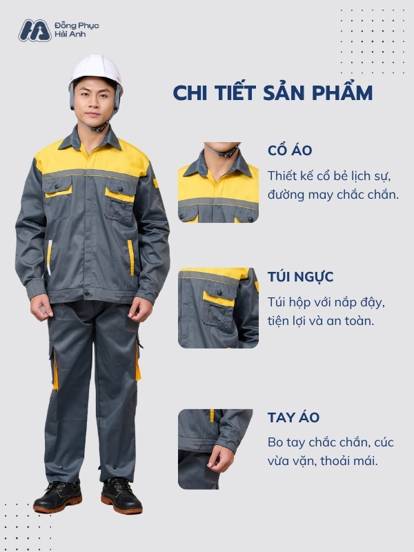 Bộ quần áo bảo hộ màu ghi phối vàng chất liệu cao cấp, kiểu dáng đơn giản