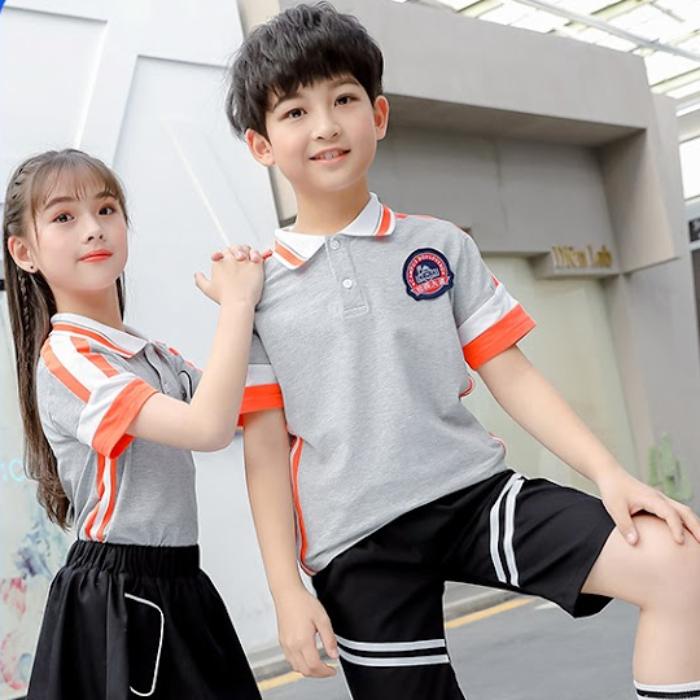Áo đồng phục học sinh cấp 1 màu ghi có cổ
