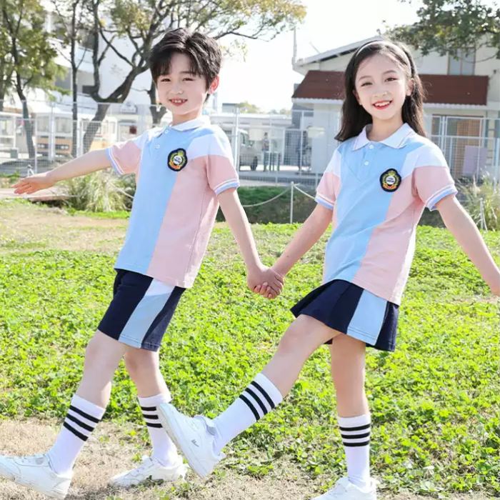 Mẫu áo đồng phục học sinh cấp 1 màu xanh phối hồng - ảnh 3