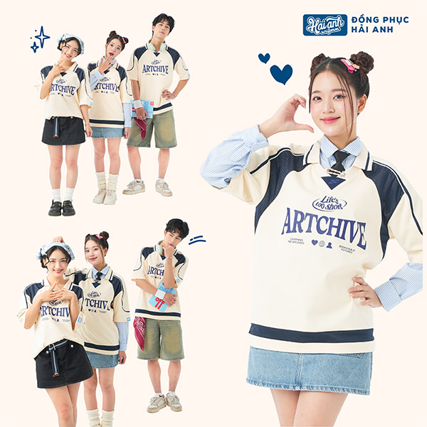 Mẫu Áo Đồng Phục Lớp Polo Oversize Cổ Tim Youngster Màu Kem Cheese - ảnh 2