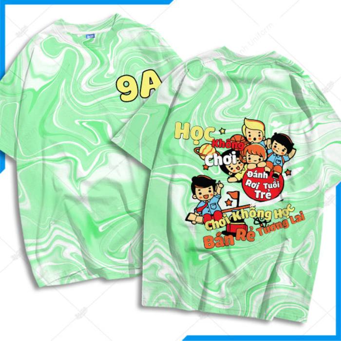 Mẫu áo lớp 3D màu xanh cổ tròn lớp 9A