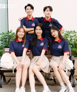 Mẫu Áo Đồng Phục Lớp Polo Besties Màu Xanh Đen Cổ Đỏ Đô