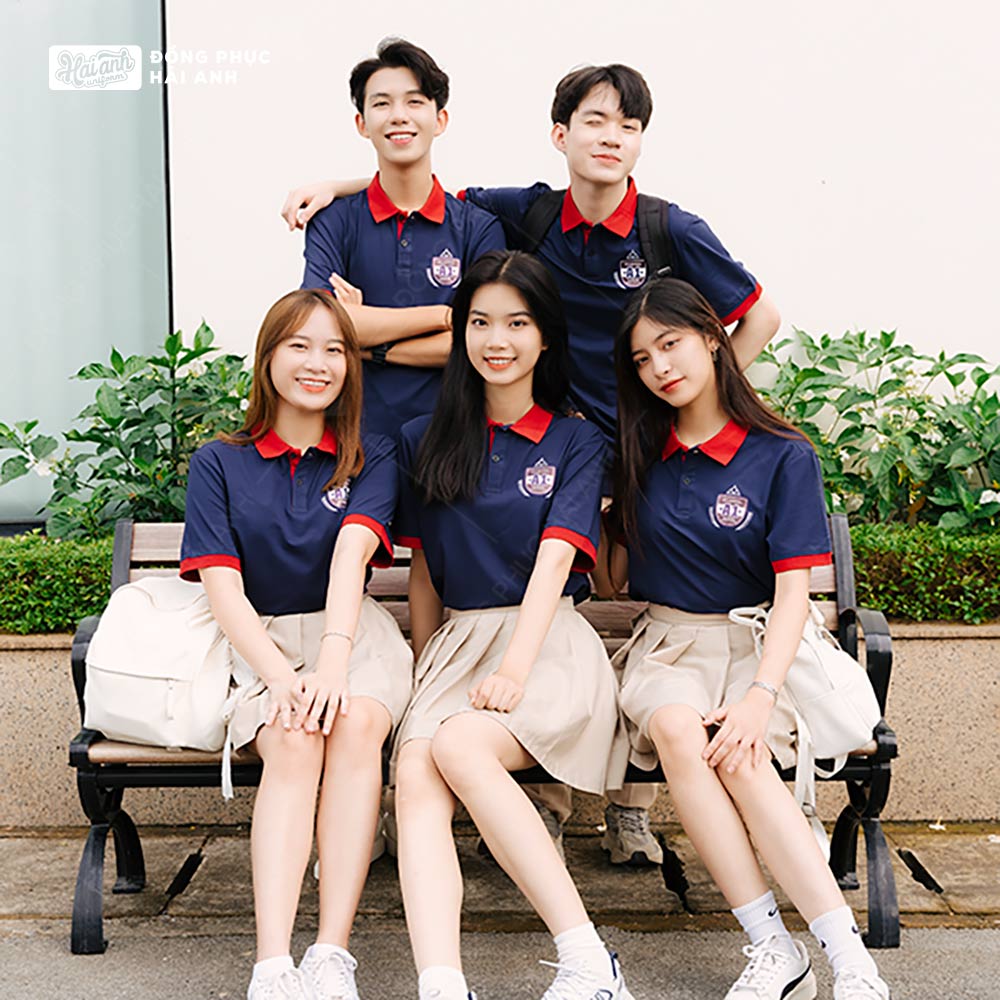 Mẫu Áo Đồng Phục Lớp Polo Besties Màu Xanh Đen Cổ Đỏ Đô