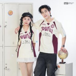 Mẫu Áo Lớp Polo Oversize Hustle Màu Kem Cheese