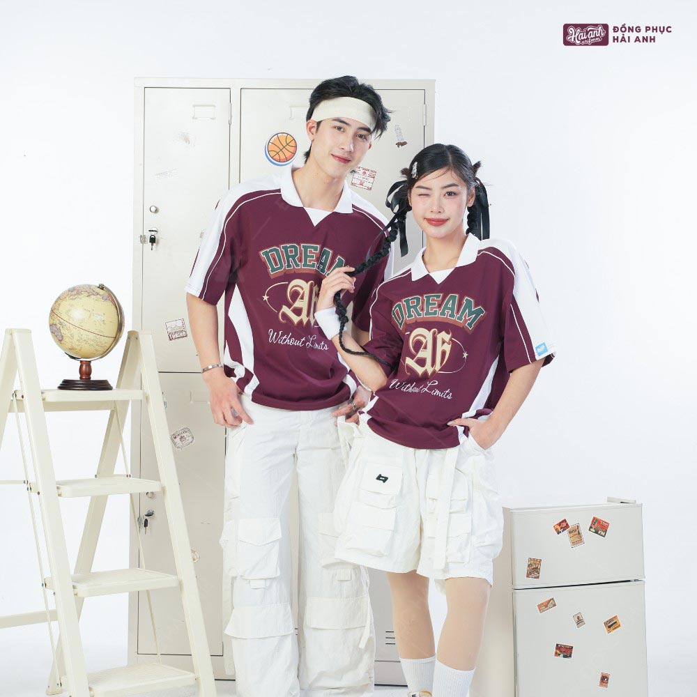 Mẫu Áo Lớp Polo Oversize Monster Màu Đỏ Mận