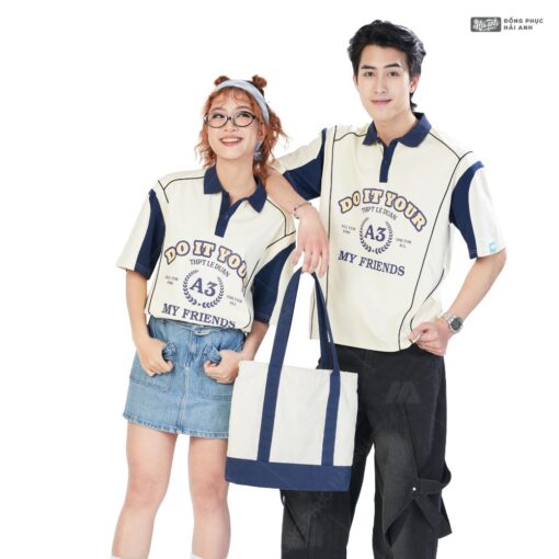 Mẫu Áo Lớp Polo Oversize On Fire Màu Kem Cheese