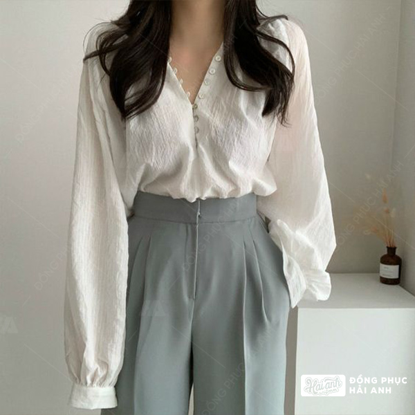 Sơ mi không cổ tay dài trẻ trung