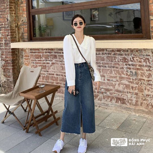 Mix áo sơ mi cùng chân váy Jeans độc đáo