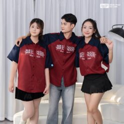 Mẫu Áo Lớp Sơ Mi Oversize Chasing Màu Đỏ Đô Phối Xanh Đen