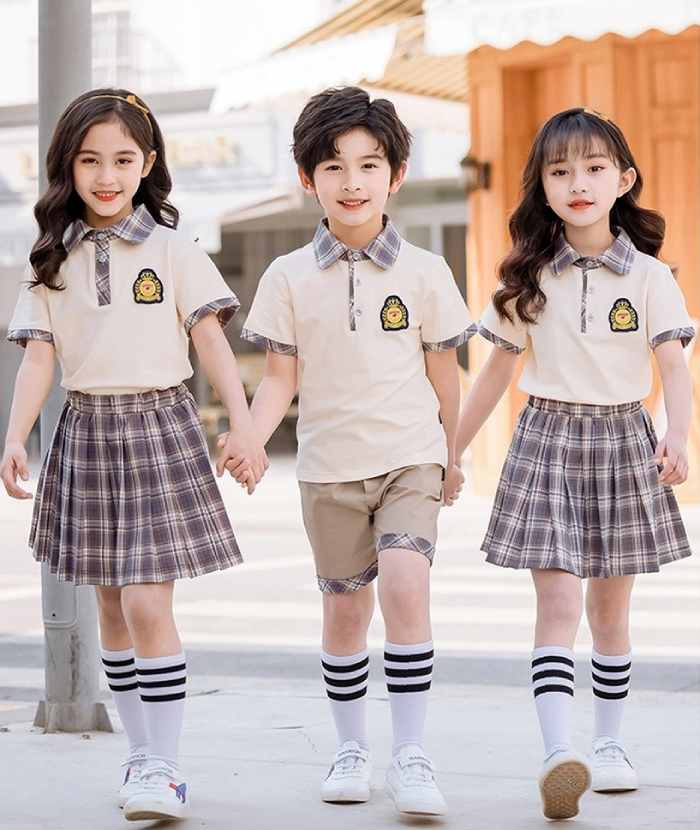 Áo polo đồng phục học sinh cấp 1 phối họa tiết kẻ caro