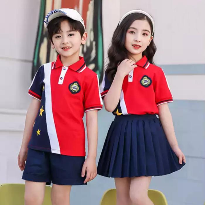 Mẫu áo polo đồng phục học sinh tiểu học màu đỏ phối xanh