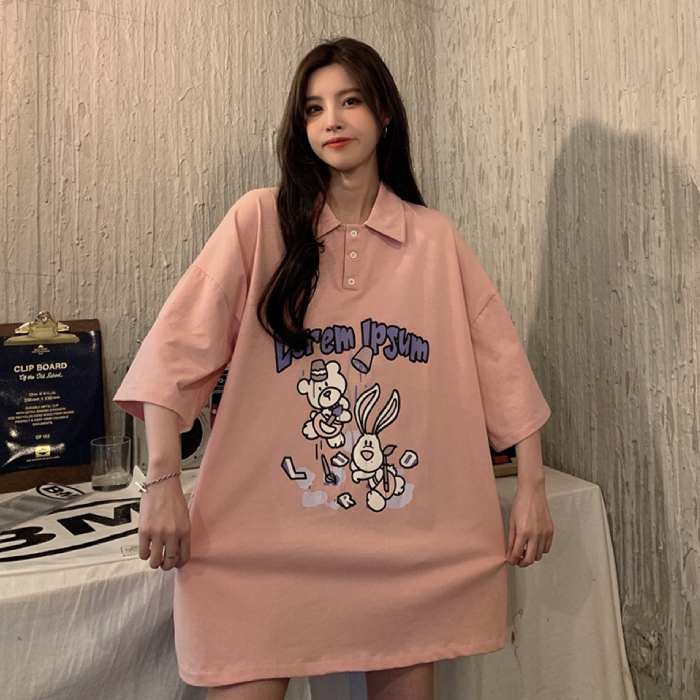 Mẫu áo polo oversize màu hồng pastel dễ thương