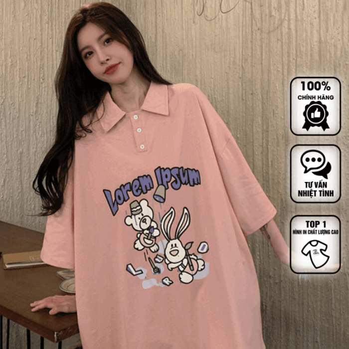 Mẫu áo polo oversize hình thỏ màu hồng cá tính