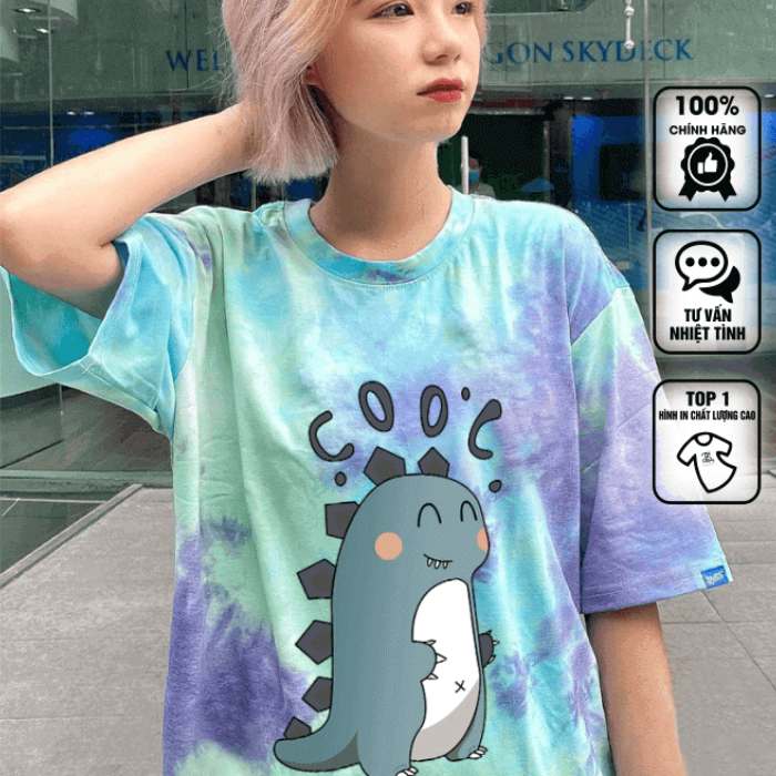 Mẫu áo thun hình in khủng long màu loang độc đáo