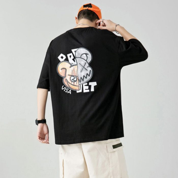 Áo thun unisex hình gấu kiểu dáng oversize, cổ tròn, tay lỡ