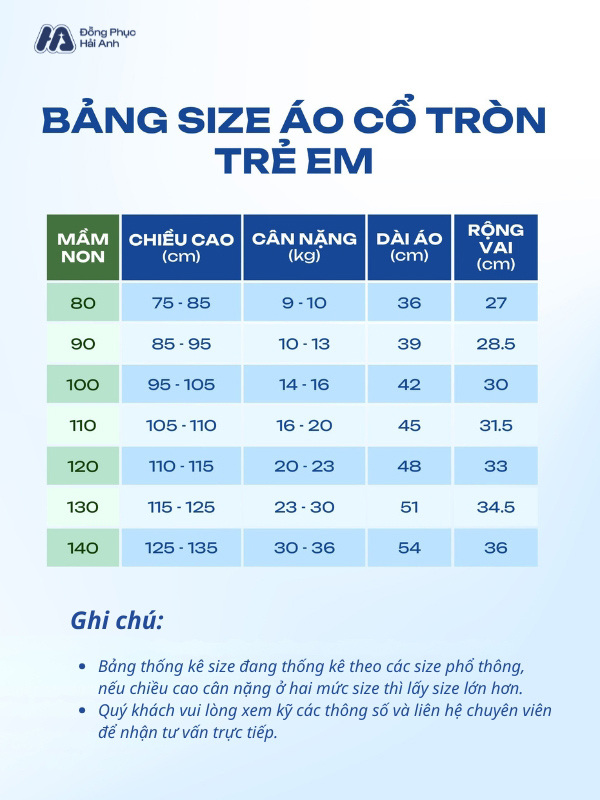 Bảng size chuẩn mẫu áo thun đồng phục mẫu giáo tại Hải Anh