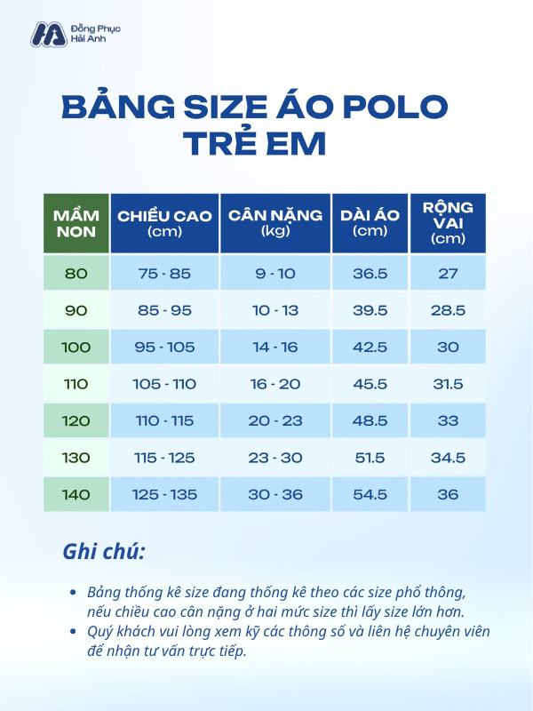 Bảng size đồng phục mầm non Hacool 01 màu lòng tôm