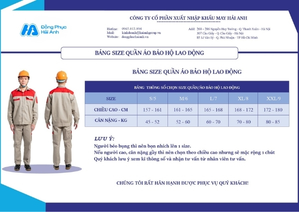 Bảng size quần áo bảo hộ vải Kaki 65 mã 07 tại Đồng phục Hải Anh