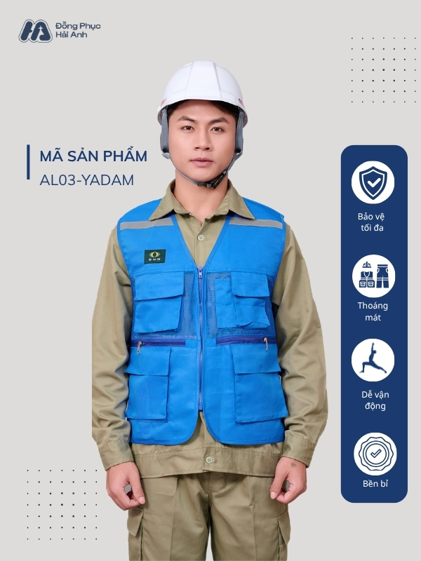 Mẫu áo bảo hộ lao động mã 03 màu ya đậm có thiết kế tiện dụng, phù hợp sử dụng thường xuyên