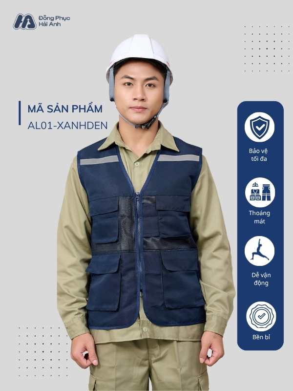 Áo gile bảo hộ xanh đen gọn nhẹ, màu sắc trung tính, đường may chắc chắn