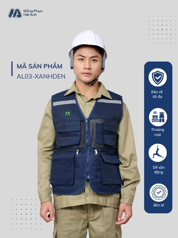 Mẫu áo gile bảo hộ mã 03 vải lưới thoáng khí, có túi hộp tiện dụng