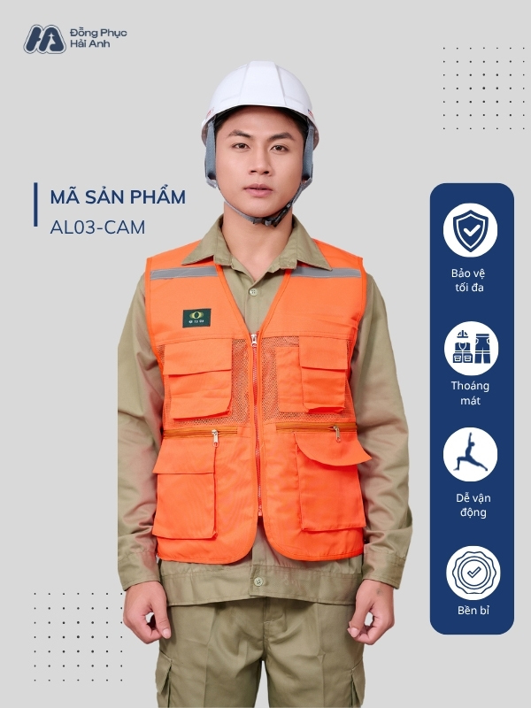 Áo lưới bảo hộ lao động mã 03 màu cam có thiết kế gile rộng rãi, tạo cảm giác thoải mái khi mặc