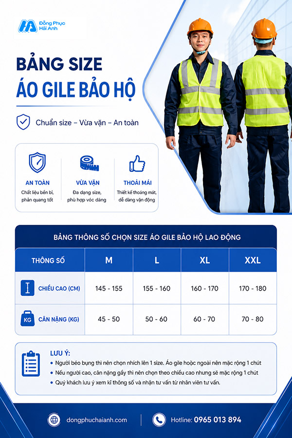 Bảng size áo gile bảo hộ mã 03 màu đỏ chi tiết tại Đồng phục Hải Anh