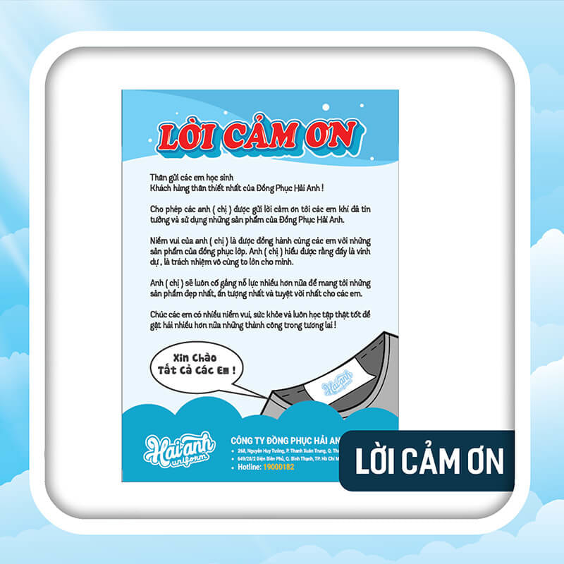 Lời cảm ơn của Đồng phục Hải Anh gửi đến cho các bạn học sinh khi đã tin tưởng sử dụng và lựa chọn áo lớp cổ caro của Hải Anh