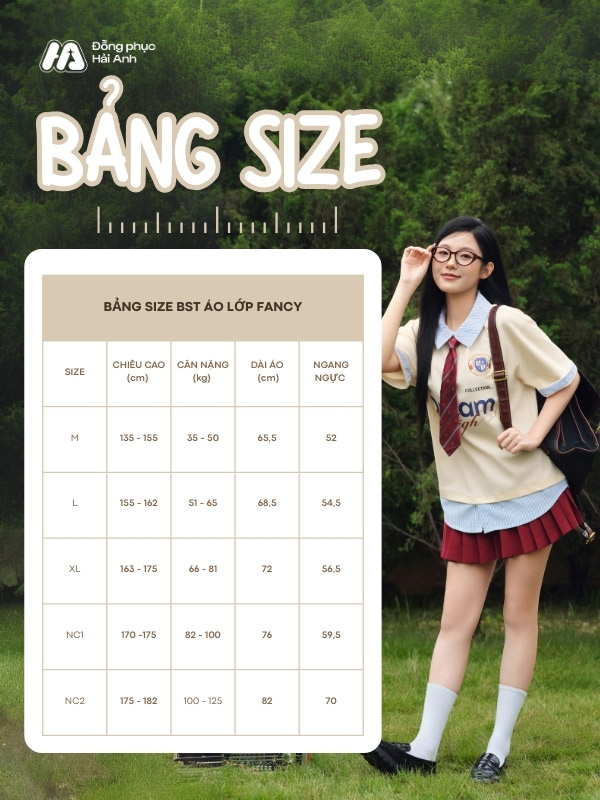 Bảng size mẫu áo lớp Fancy màu kem cheese tại Đồng Phục Hải Anh